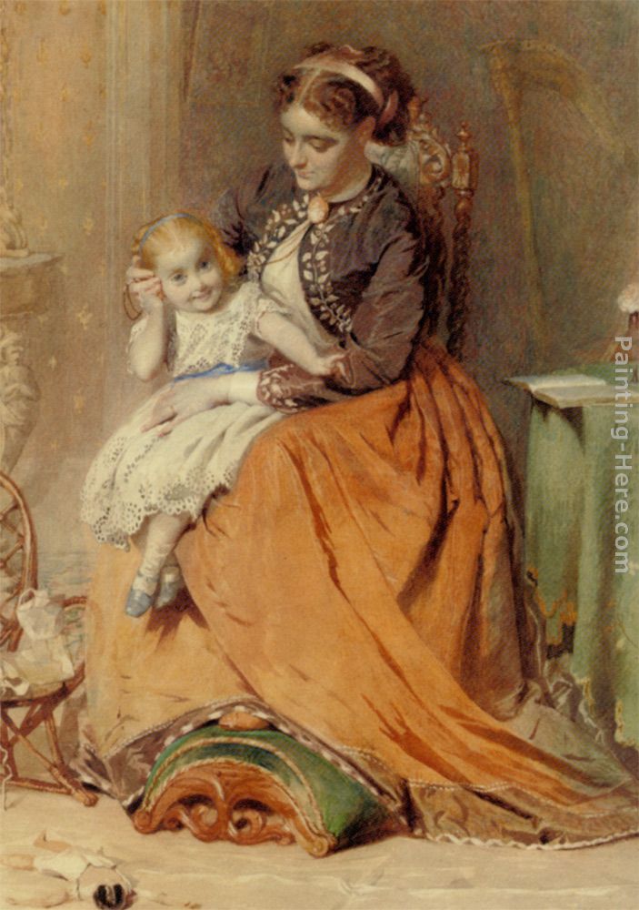 A girl listening to the ticking of a pocket watch while sitting on her mothers lap